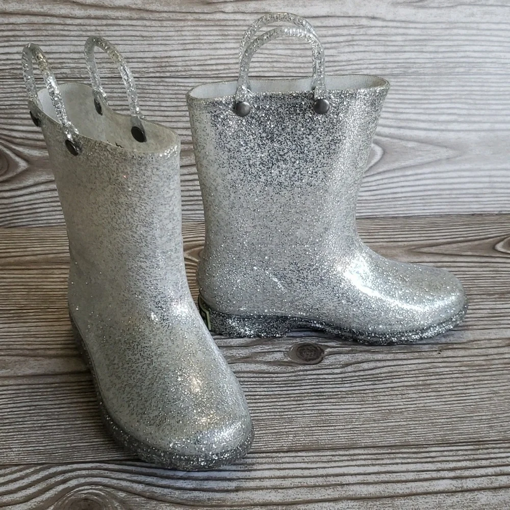 Western Chief Silver Glitter Rubber Youth Rain Boots Size 11